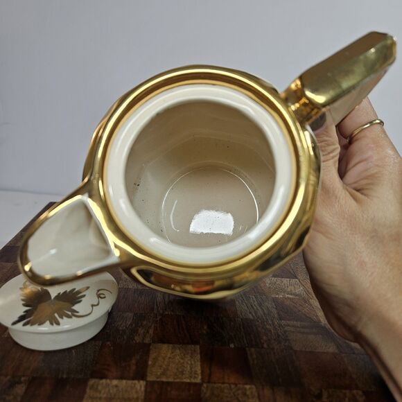 Vtg Price Bros Teapot Gold on  Cream Golden Grape Leaves Autumn Ceramic Lidded - Picture 6 of 13